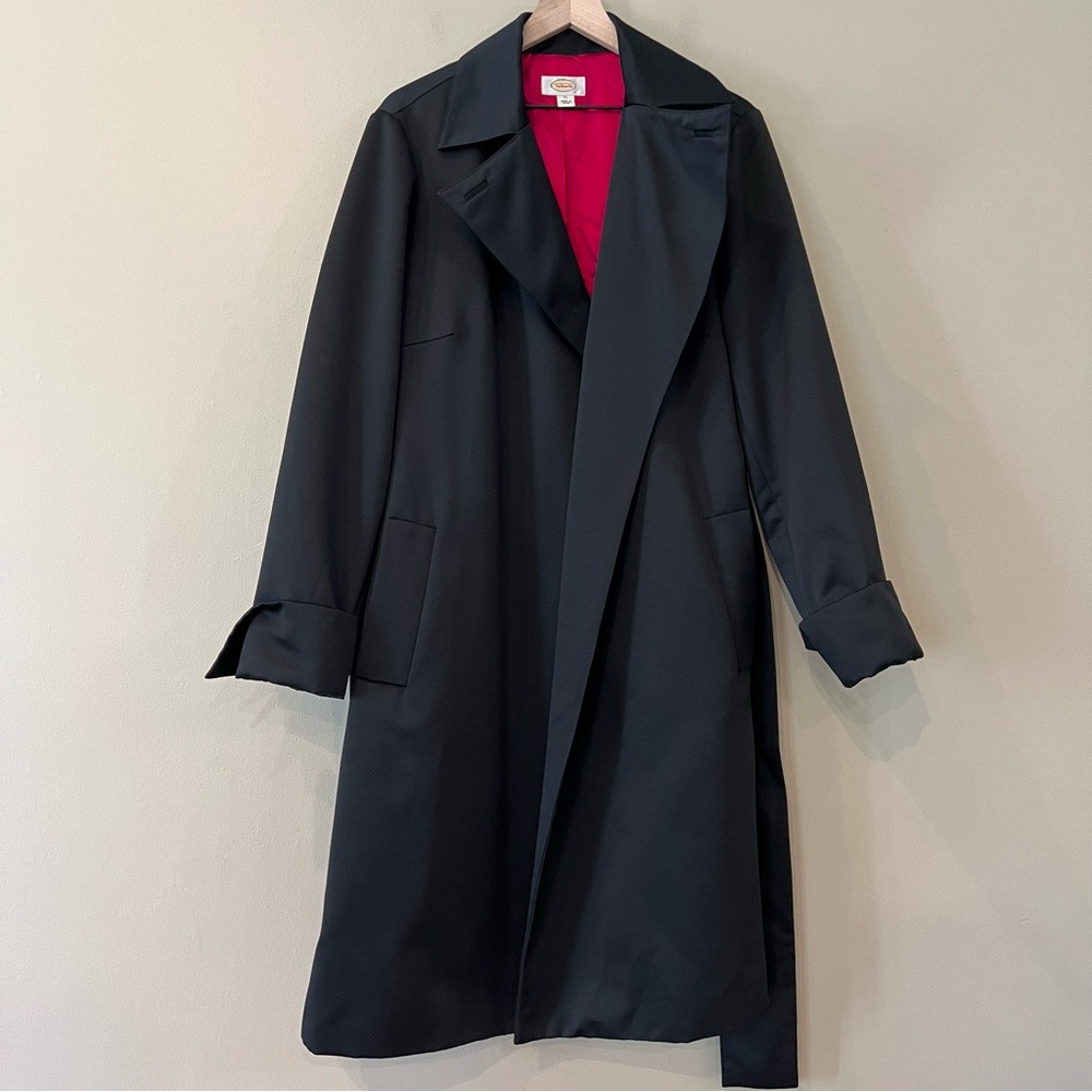 Talbots Satin Full Length Trench Coat French Cuffs Wide Belt XL Black Lined - Picture 6 of 14